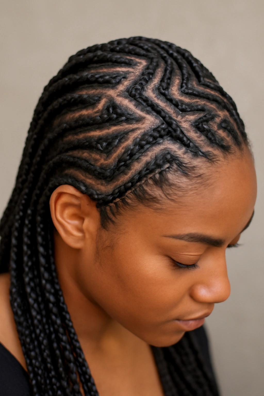 Top-down view of knotless triangular and zigzag braids showing geometric scalp patterns