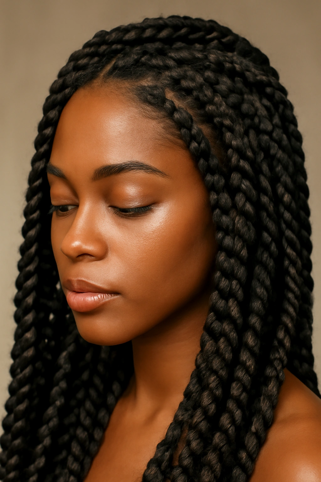 Close-up of knotless twisted braids showing ropelike two-strand twists.
