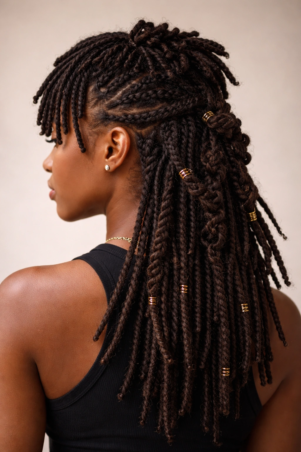 Decorative knots and twists in mullet loc hairstyle