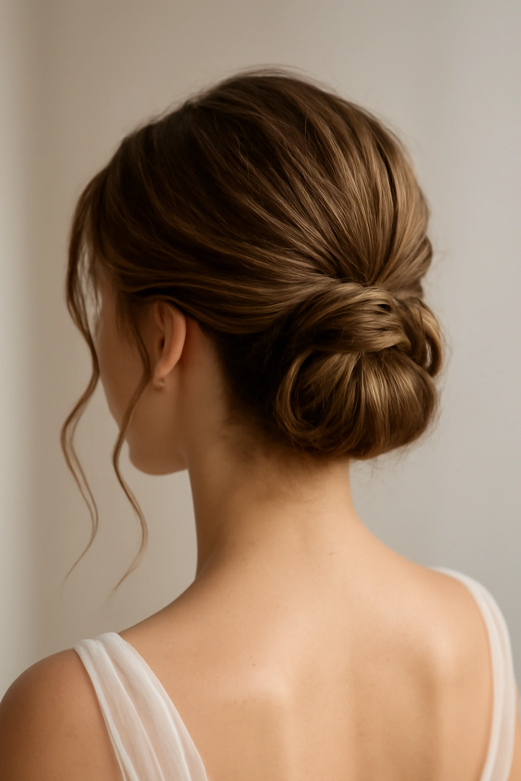 Low knotted bun at the back with curling tendrils framing the face