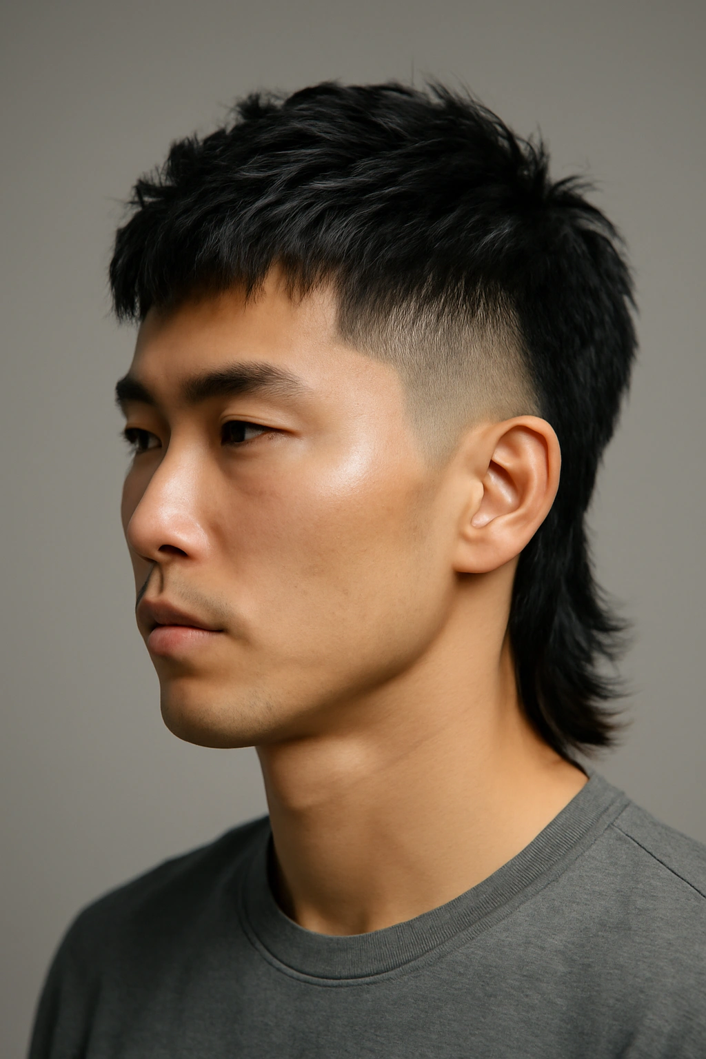 Close-up of a mullet with sharp Korean fade and textured top