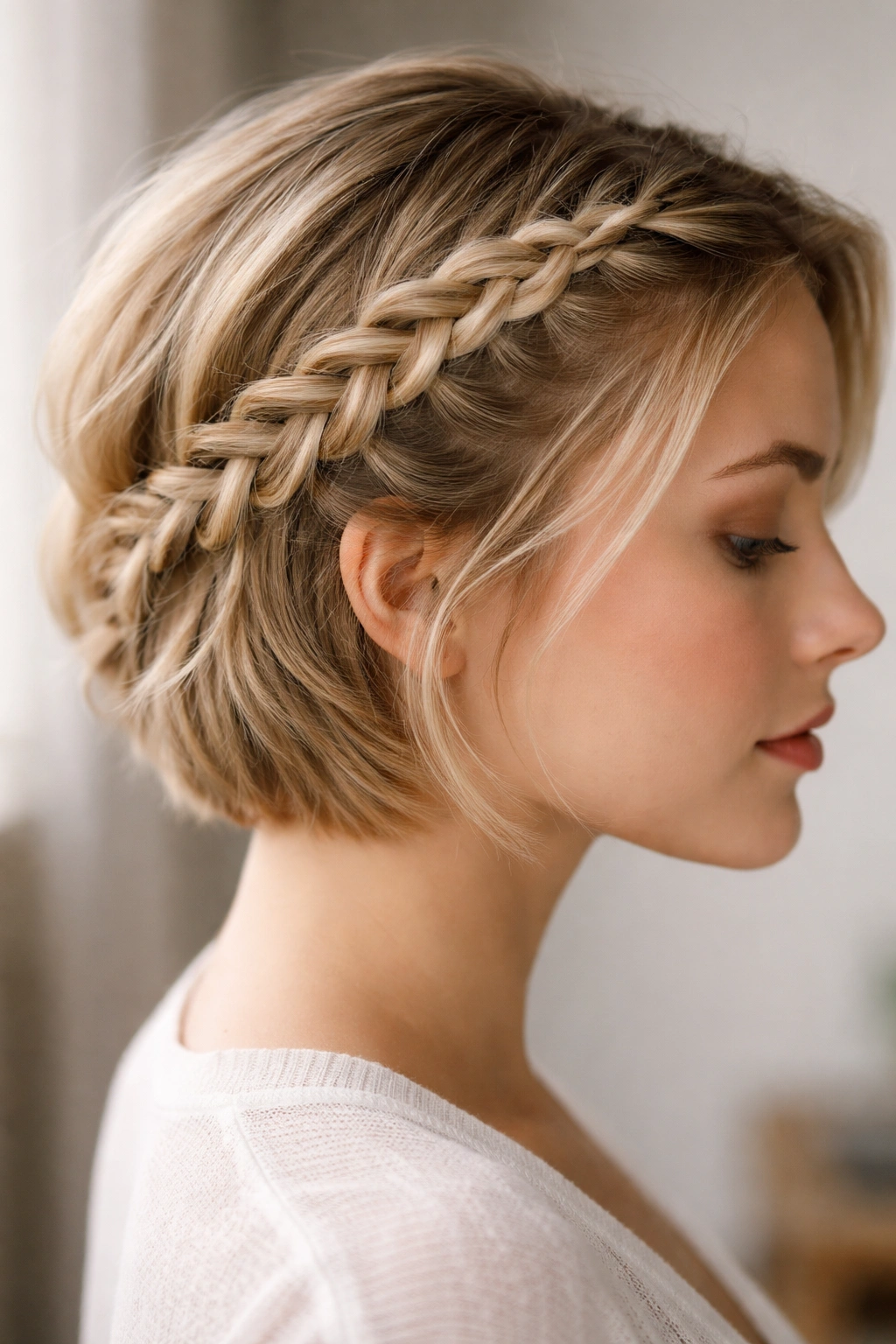 Lace braid along the outer edge creating a delicate, open pattern on short hair.