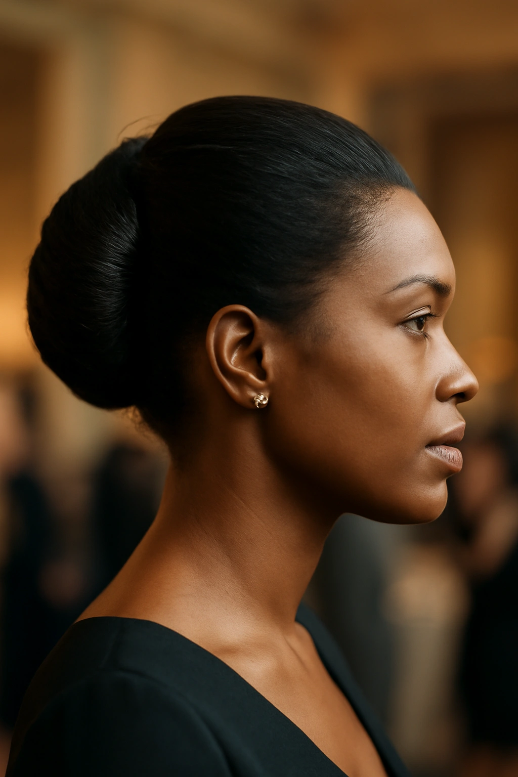 Profile view of a Black woman's French roll maintained during an event