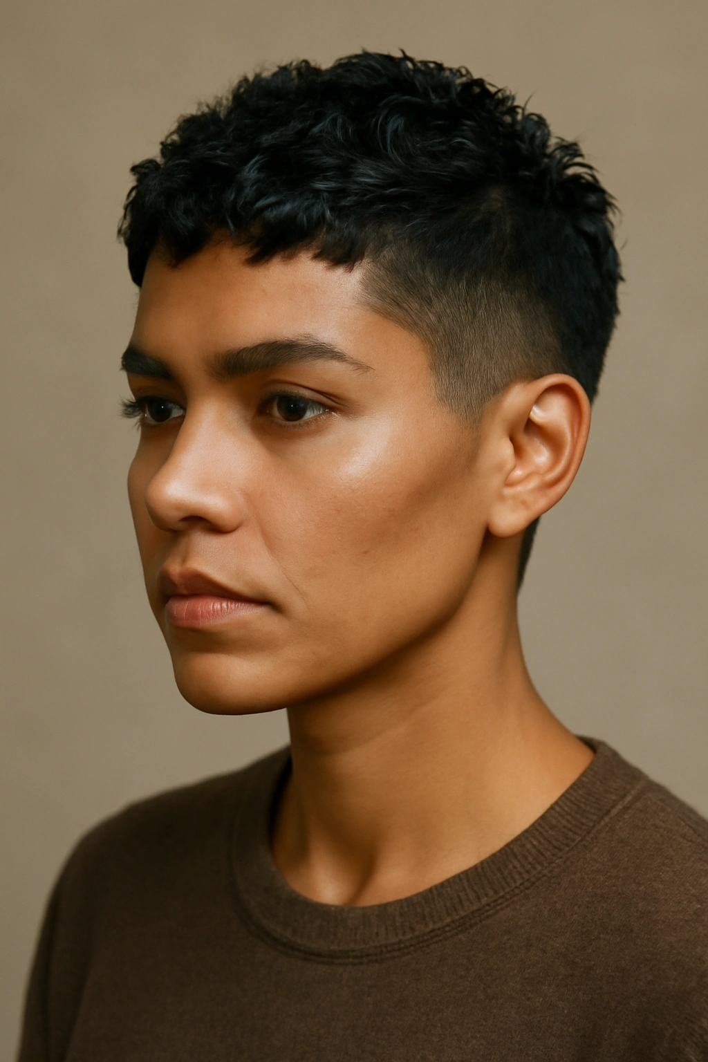 Close-up portrait of a Latina woman with a short textured pixie cut in a neutral studio setting