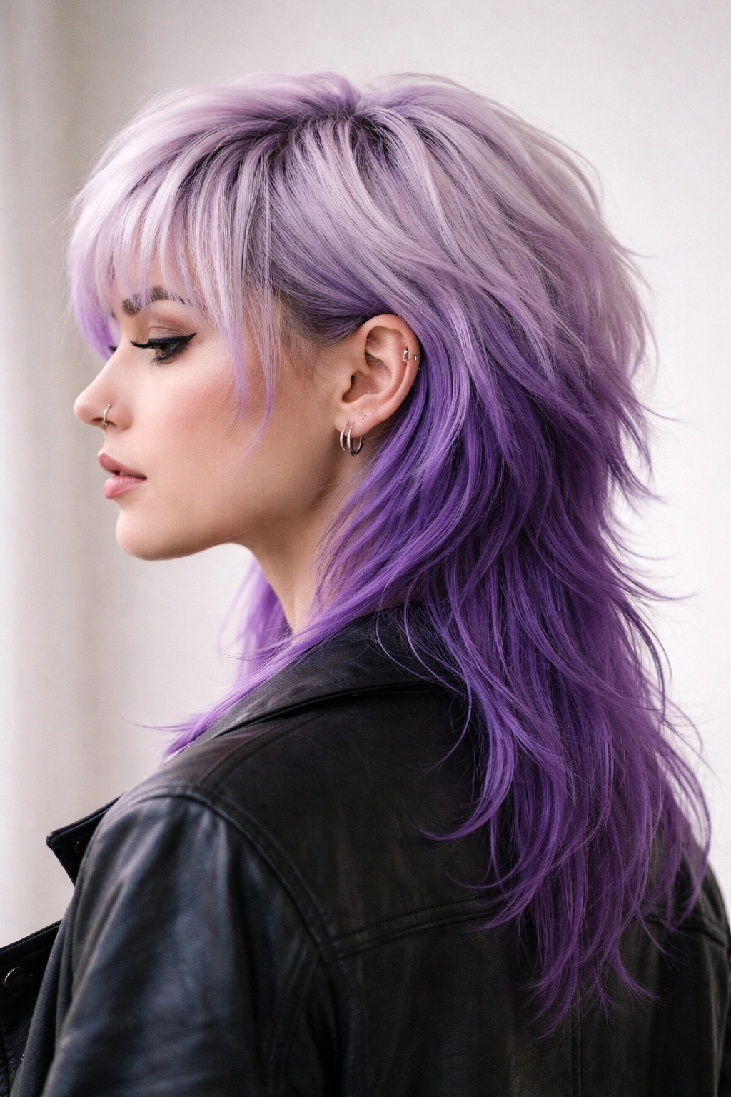 Lavender mullet with pale roots and darker lavender at the ends