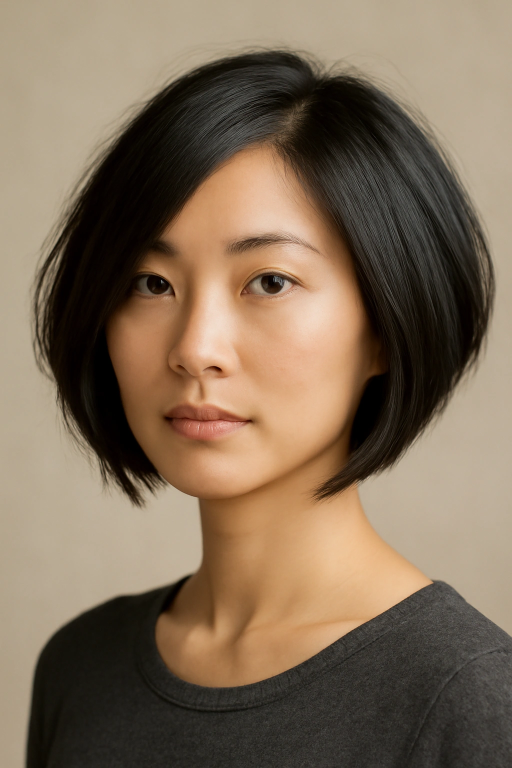 Asian woman with layered A-line bob and graduated taper.