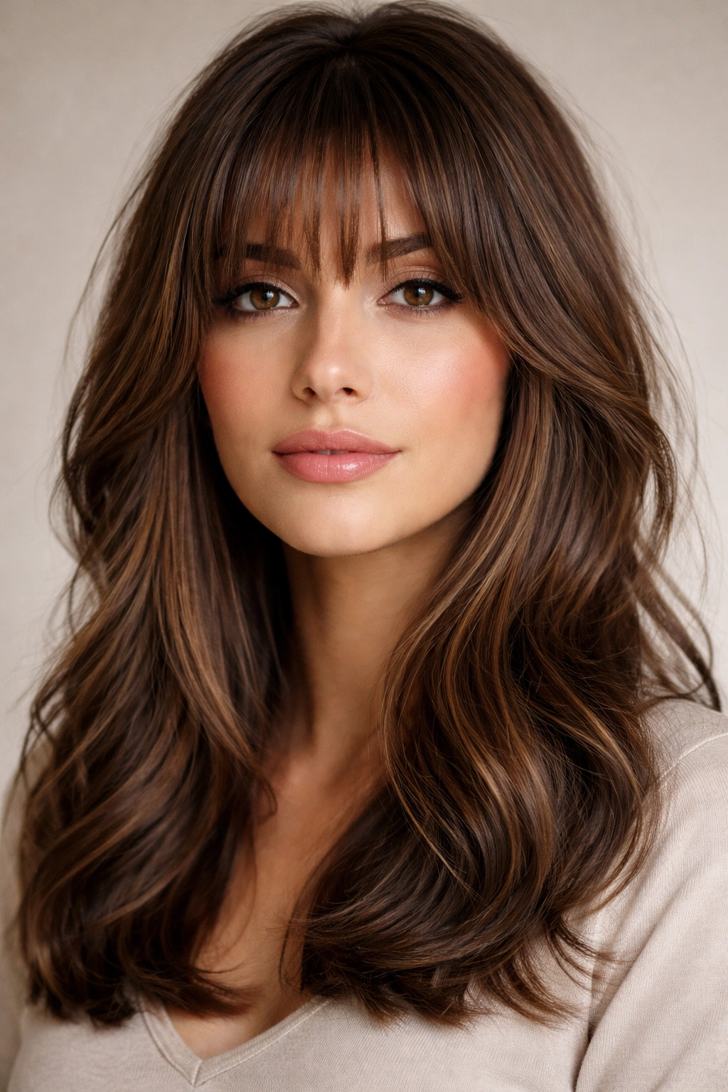 Layered bangs with multiple tiers and movement in medium-length hair