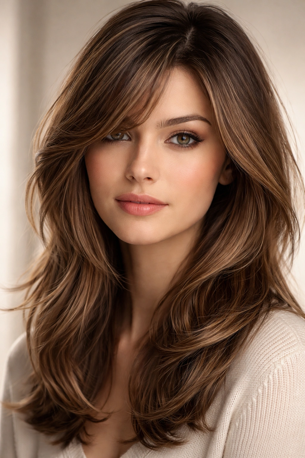 Close-up of layered face-framing bangs with a side part showing multiple lengths.