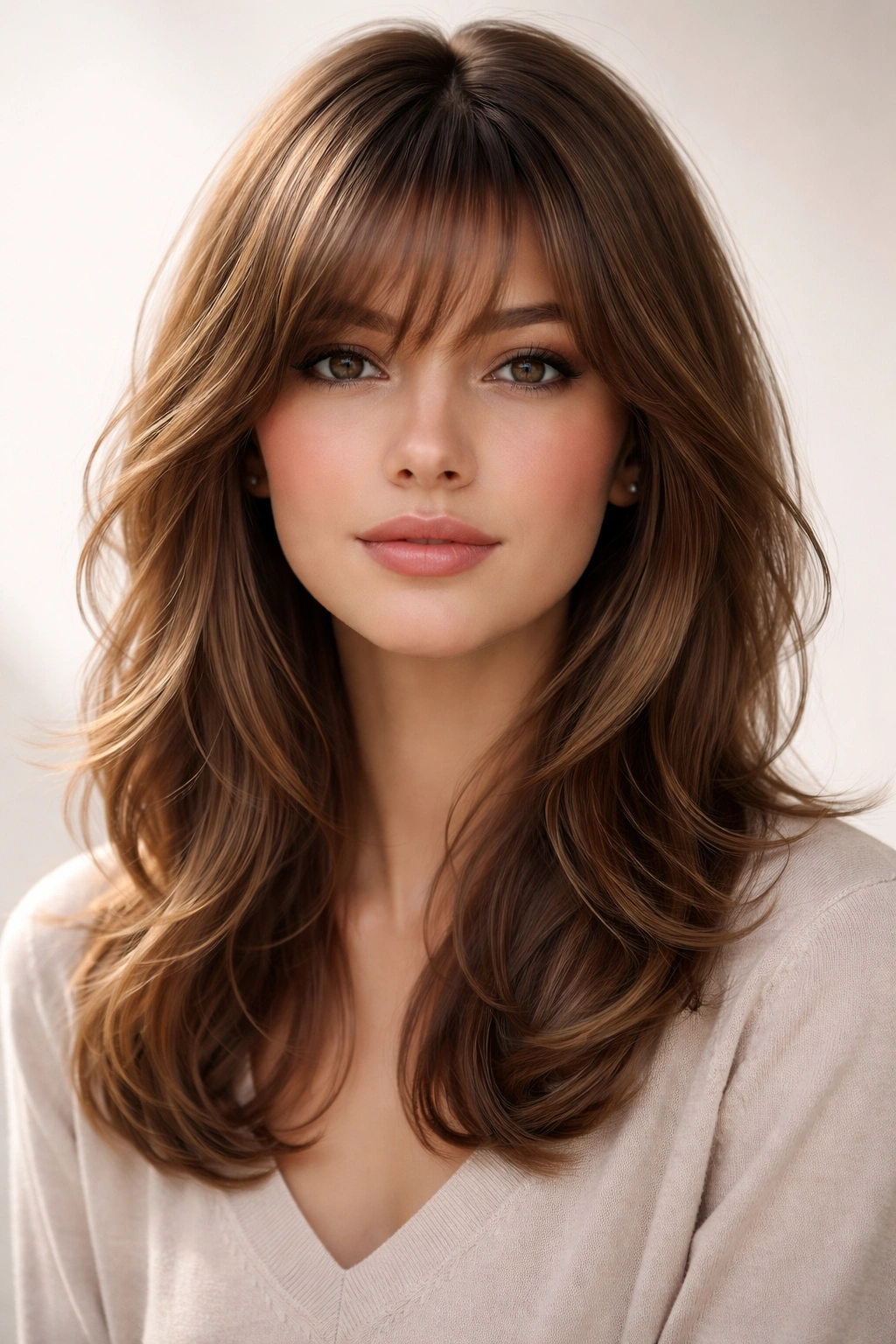 Layered bangs showing graduated lengths creating dimension on medium-length hair