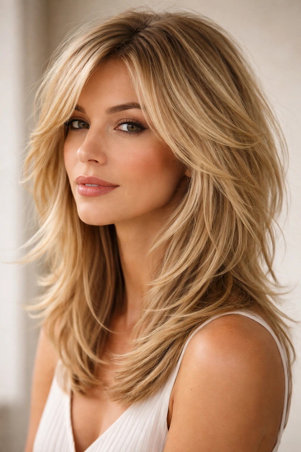 Blonde layered shoulder-length hairstyle with textured layers catching light