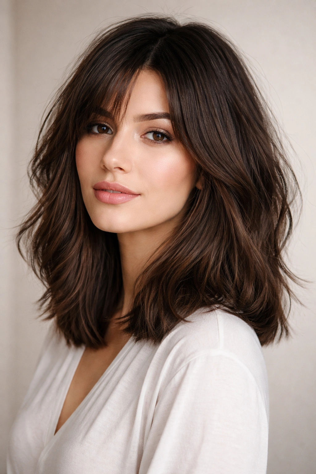 Layered blunt lob hairstyle on thick hair showing a blunt bottom line and surrounding texture.