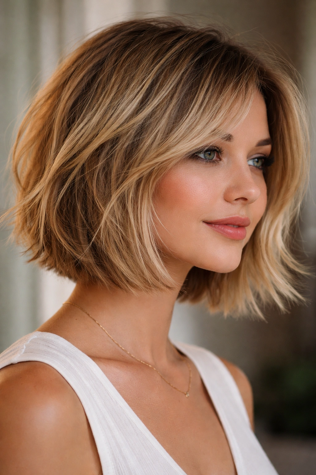 Chin-length layered bob with choppy ends and textured layers.