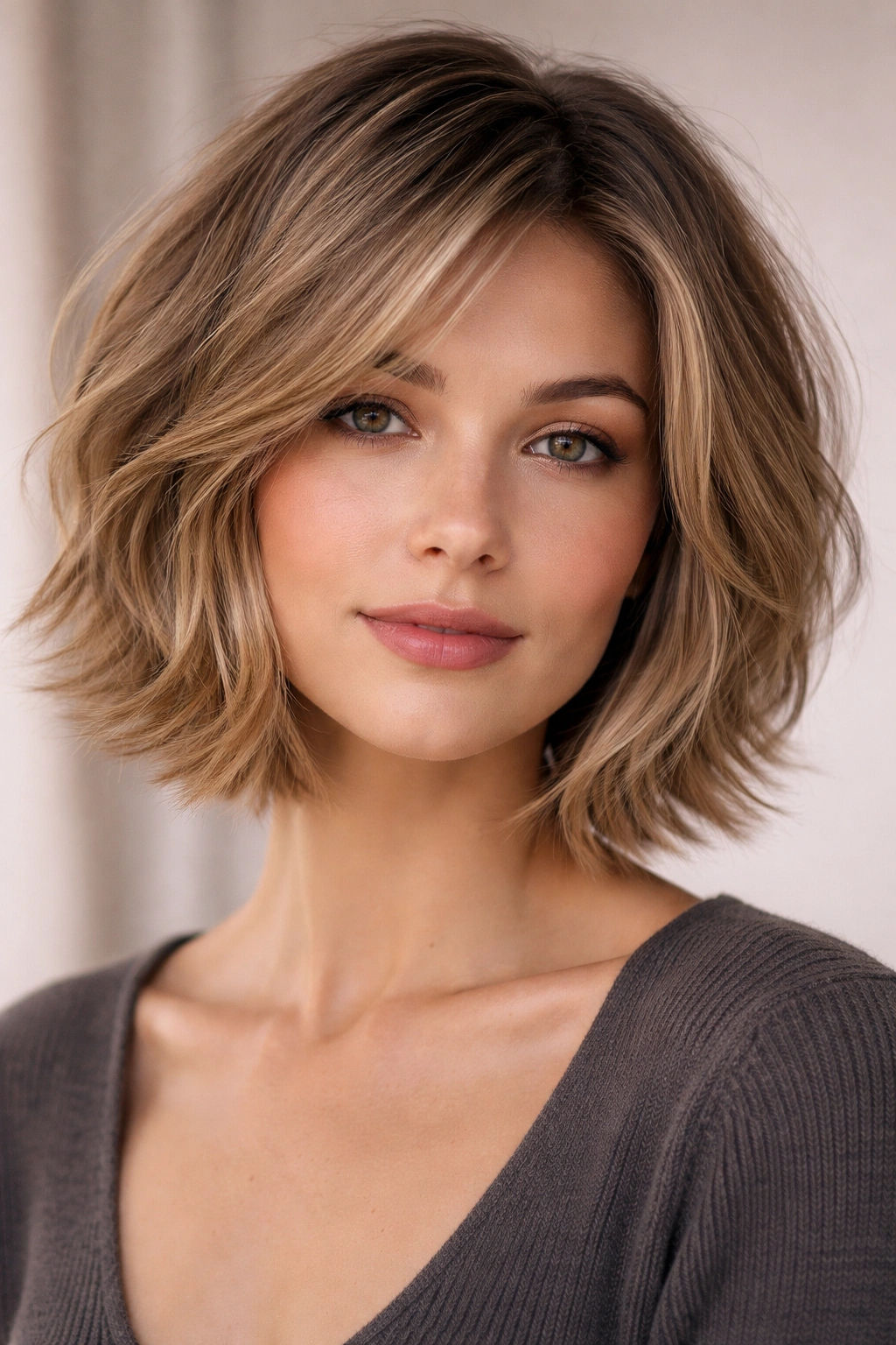 Front three-quarter view of The Layered Bob with face-framing layers