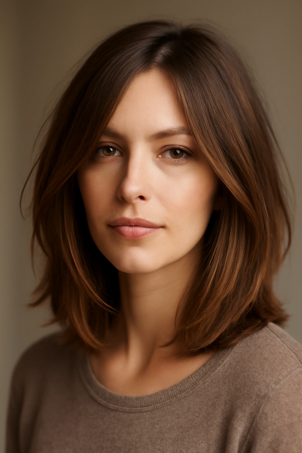 Shoulder-length layered bob with face-framing pieces showing movement and texture