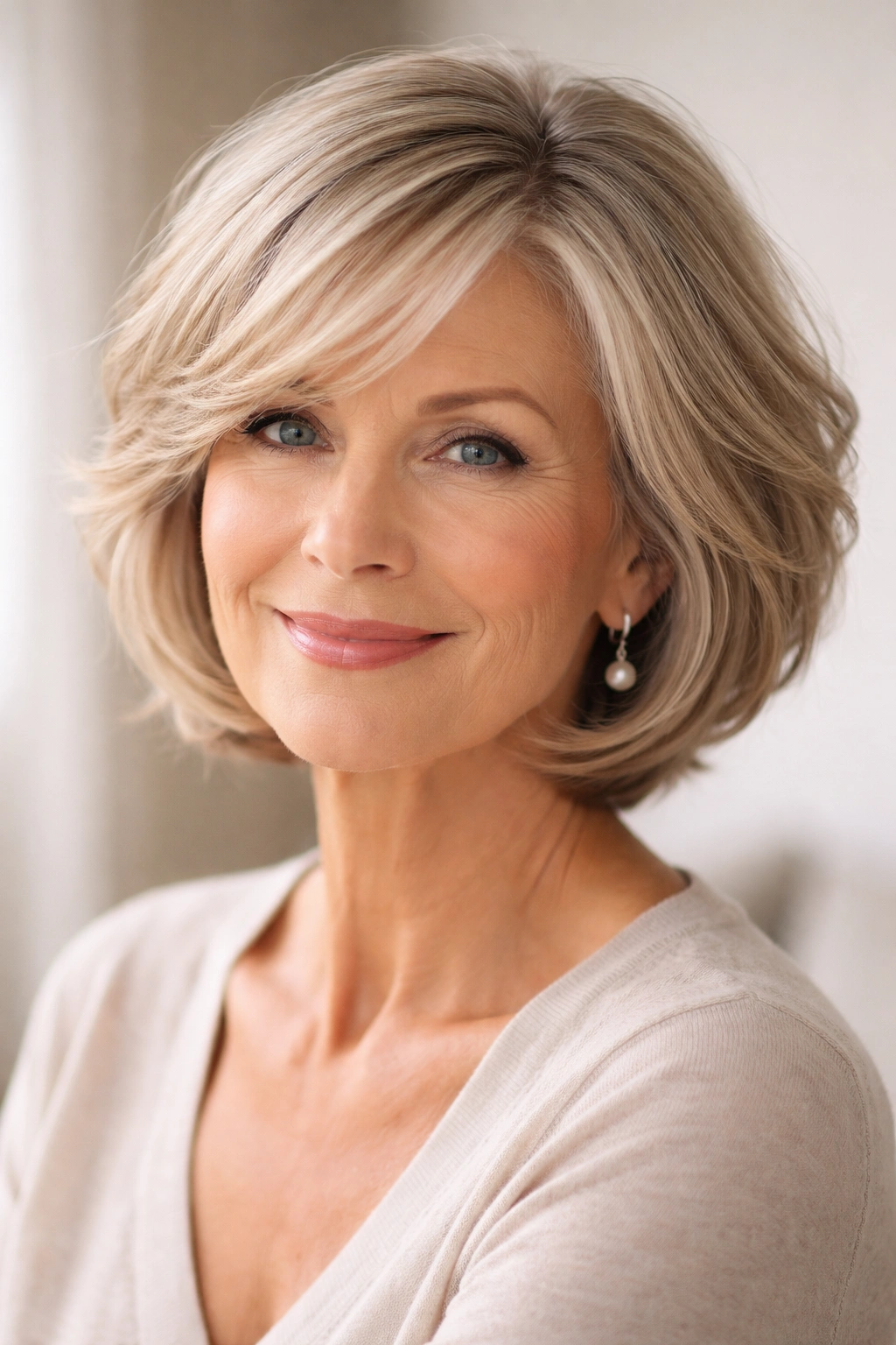 Close-up of a chin-length layered bob with soft movement and light reflection.
