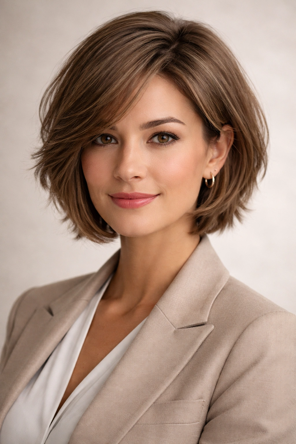 Front view of a chin-length layered bob with textured layers