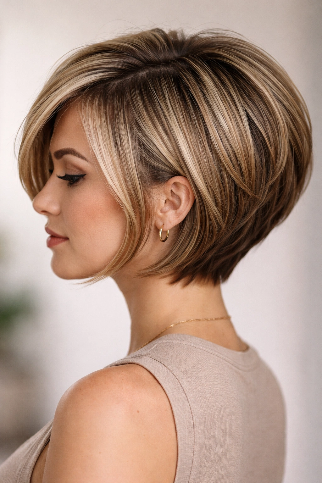 Close-up of classic layered stacked bob showing back lift and longer front