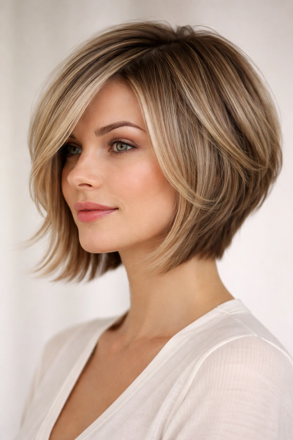 Layered bob with front lengthened pieces and back layers