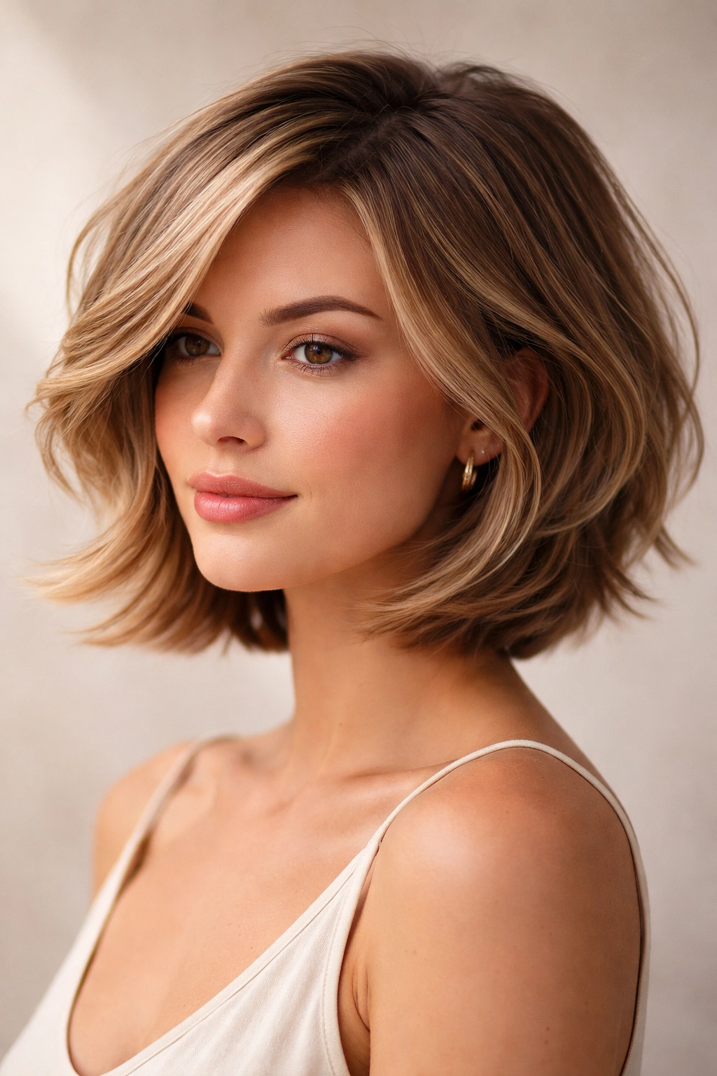 Close-up portrait of a model with a layered bob showing textured layers.