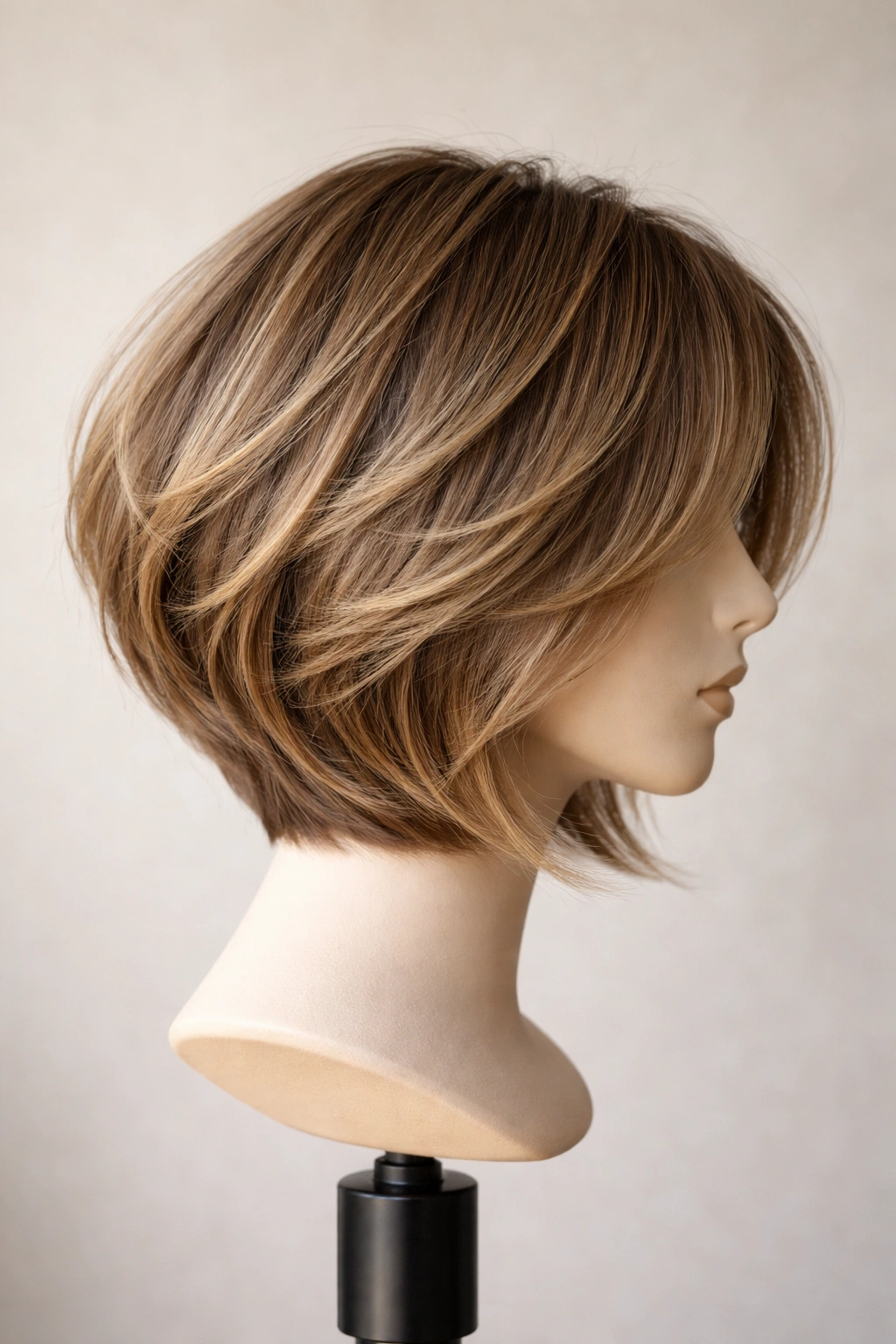 Close-up of a layered textured bob on a mannequin head showing crisp layers