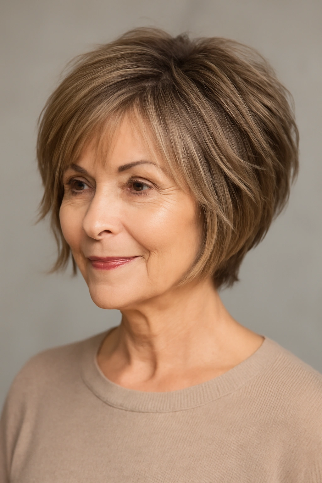 Portrait of a model wearing a layered textured bob with lift at the crown