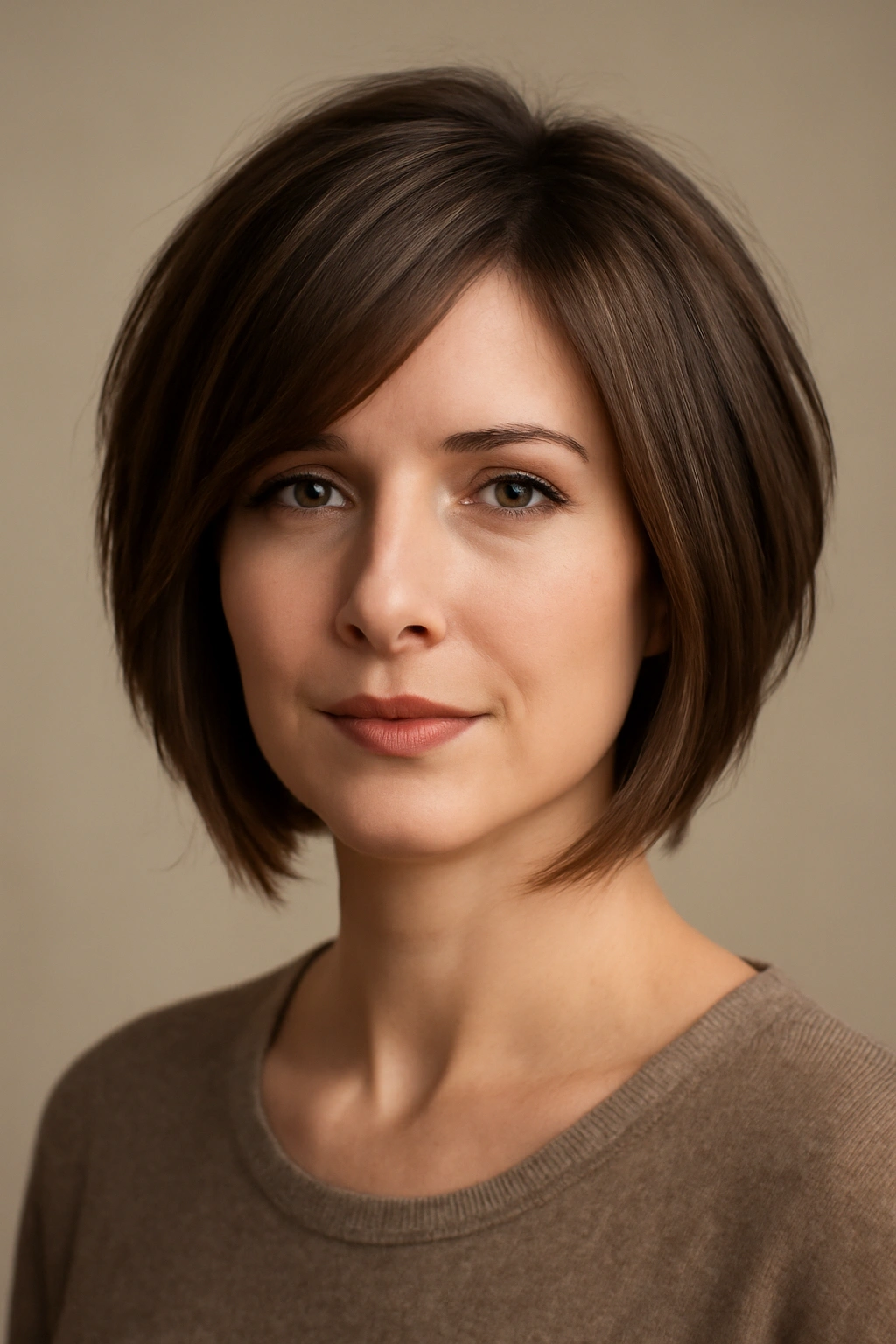 Close-up of layered bob showing lift at crown and face-framing pieces