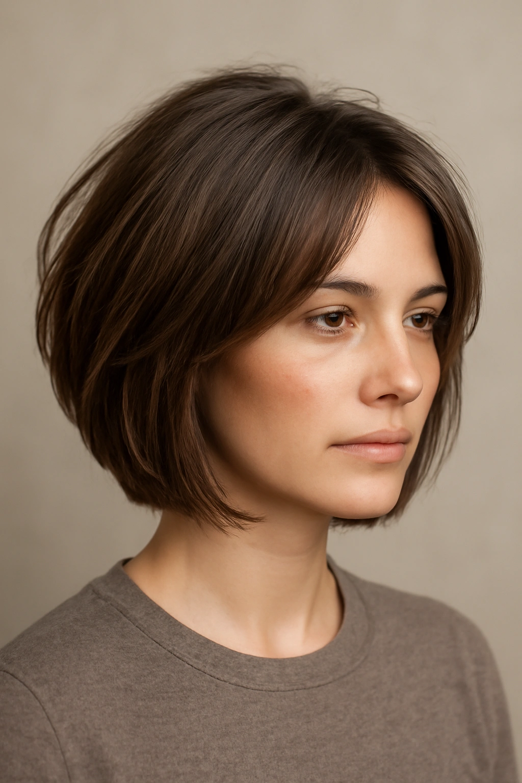Close-up portrait of a person with a layered bob showing graduated layers.