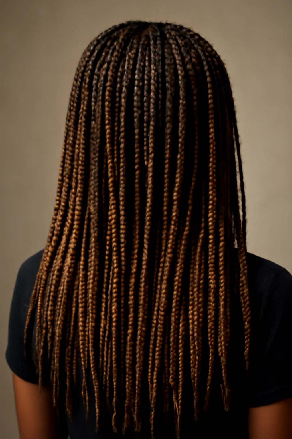 Layered box braids in varying lengths cascading from crown.