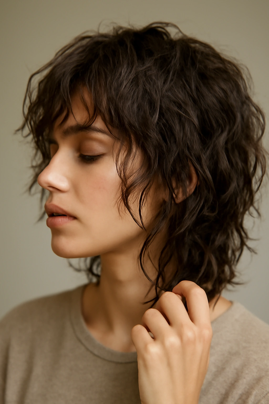 Layered choppy waves with defined texture on damp hair