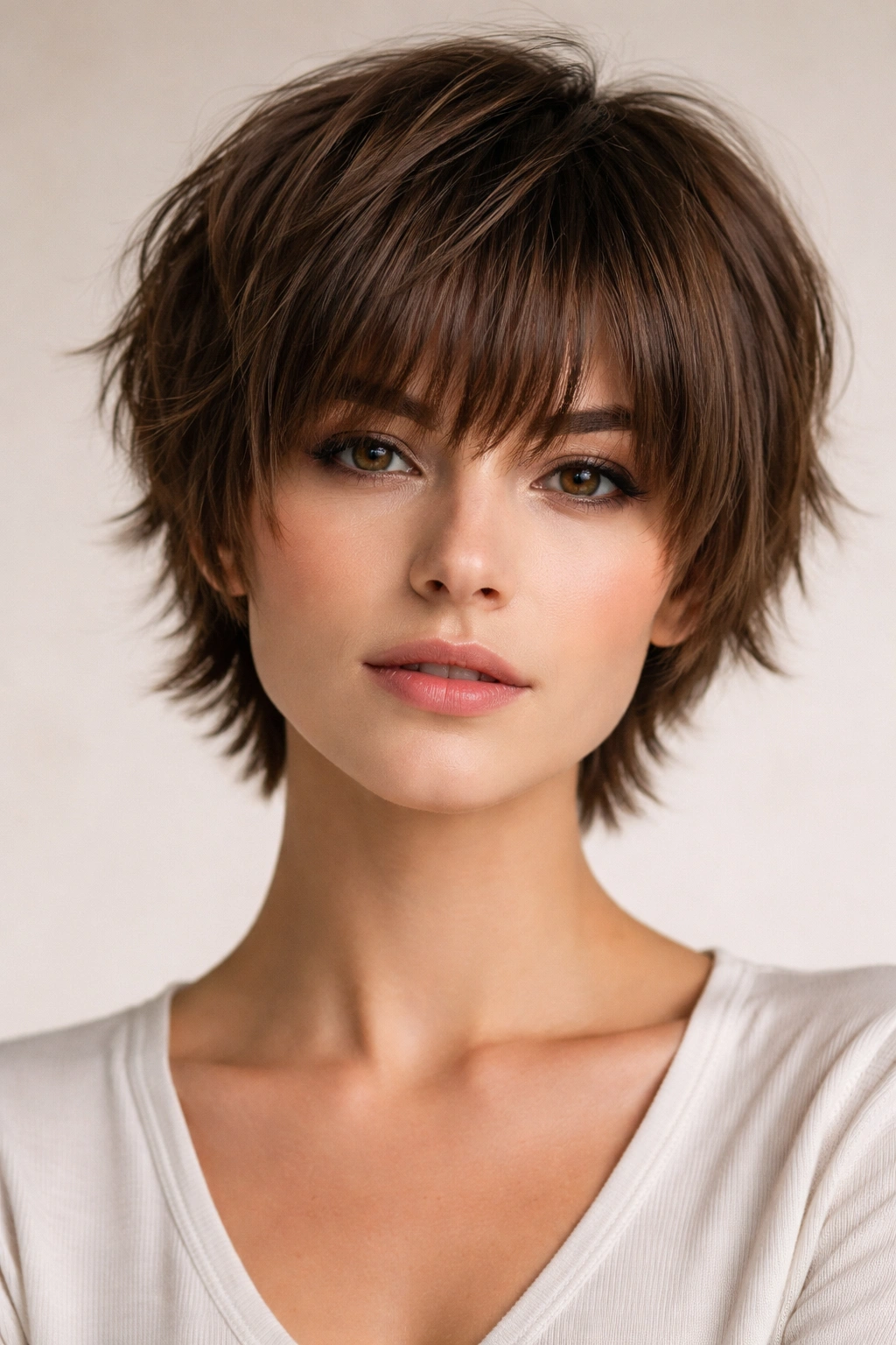Close-up of layered crop with bangs hairstyle showing short crown and long bangs
