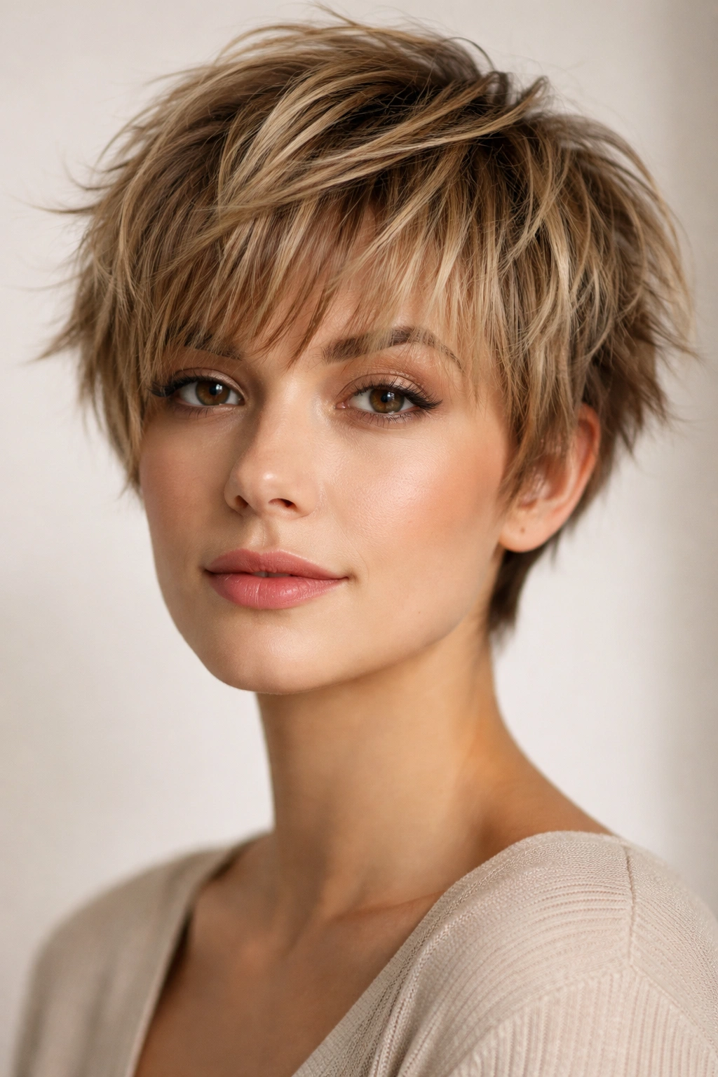 Close-up of layered crop with choppy fringe above eyebrows