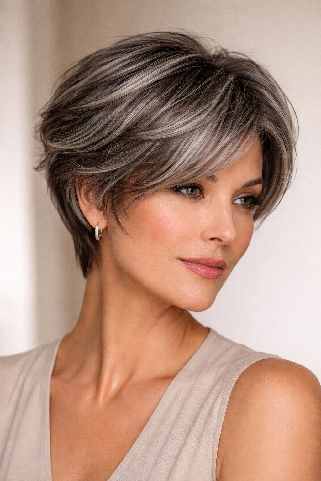 Head-and-shoulders of layered crop with blended gray streaks