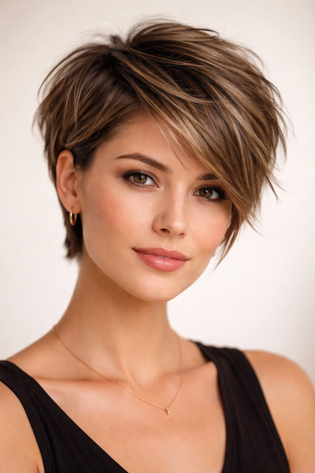 Layered crop hairstyle with visible multiple layers and texture