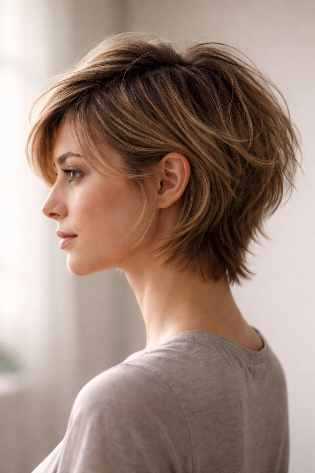 Profile view of a person with a layered crop showing tapered sides and longer top