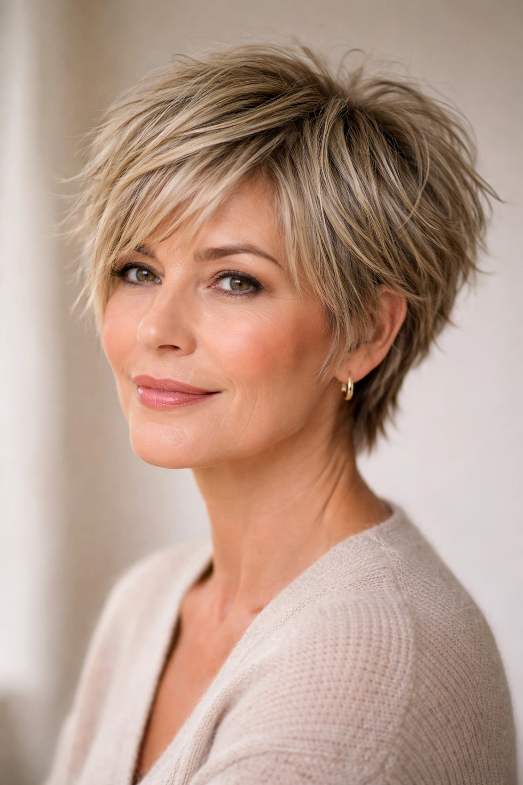 Layered tousled crop with texture on a short hairstyle showing face-framing pieces.