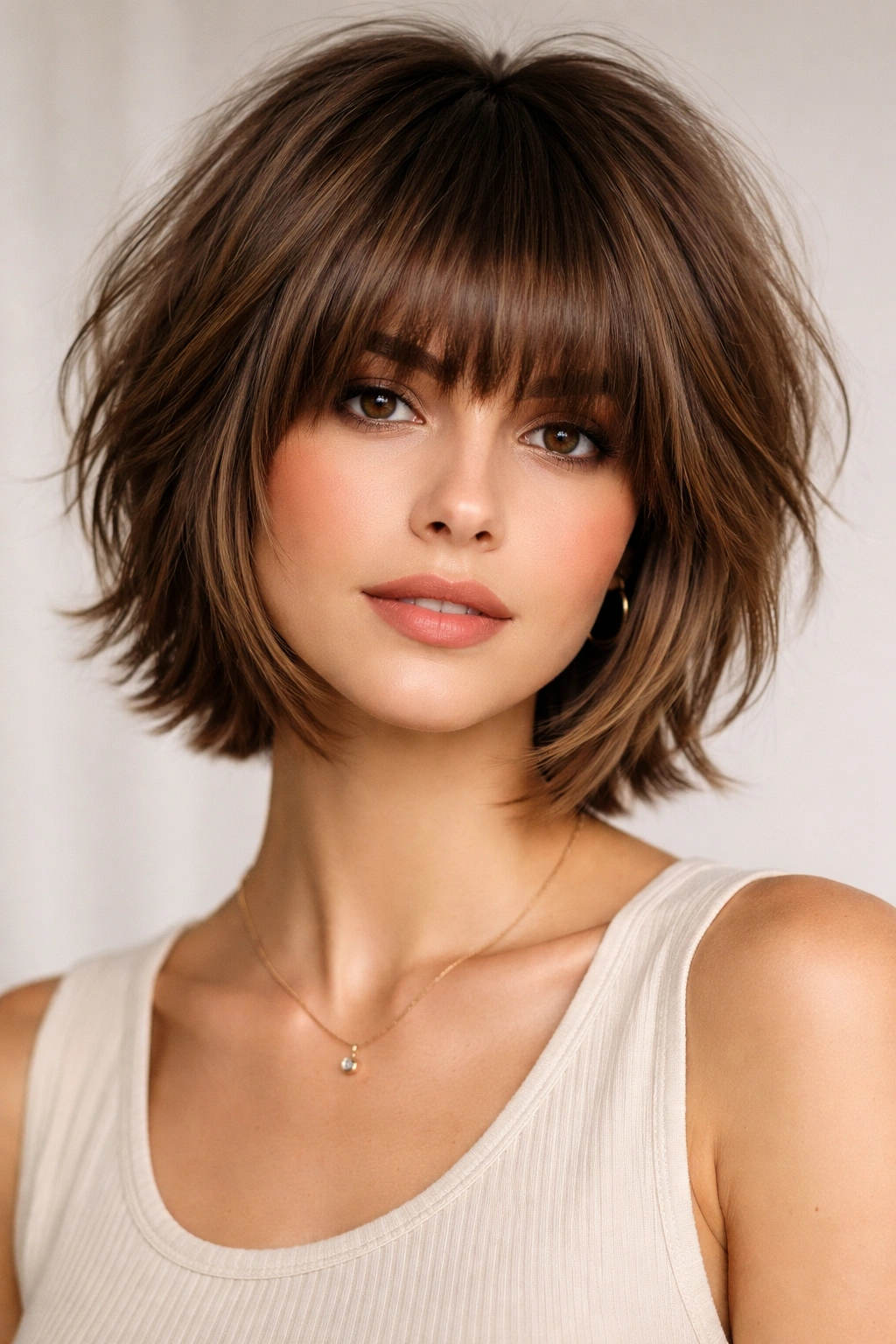 Portrait of a model with layered crop and thick bangs in studio