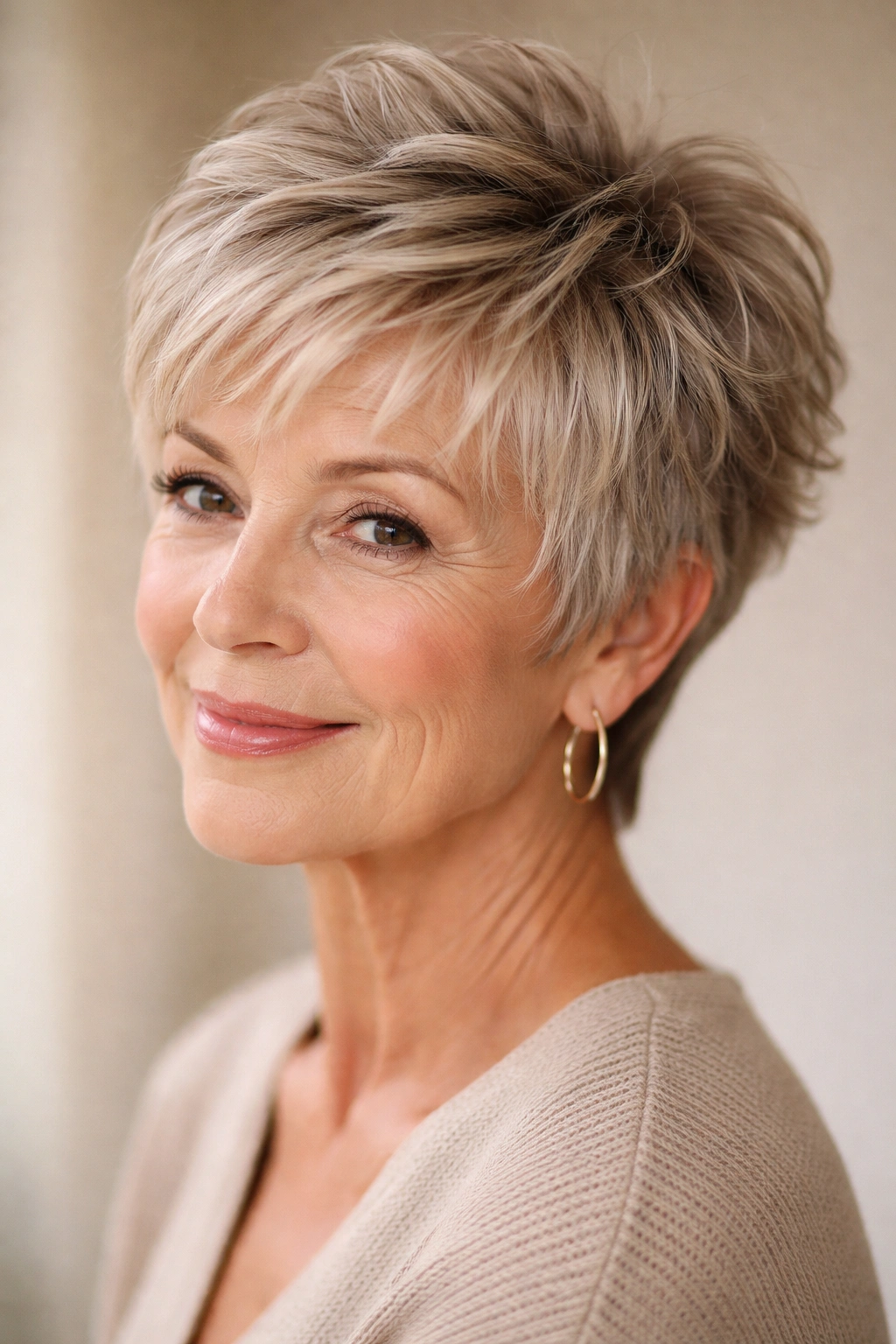 Close-up of a woman with a short layered crown hairstyle showing lift and texture