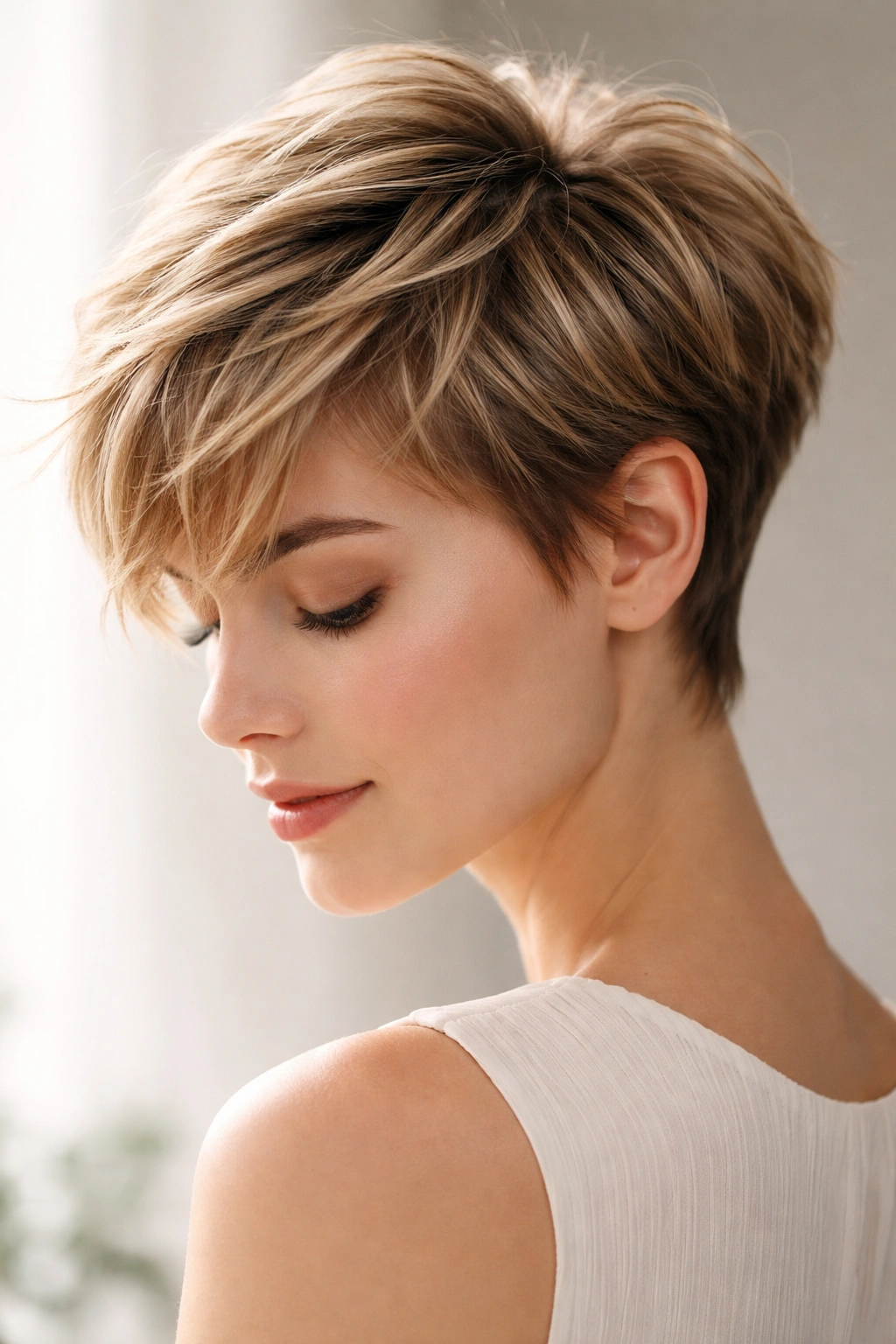 Close-up of layered crown pixie with textured top and smooth sides.