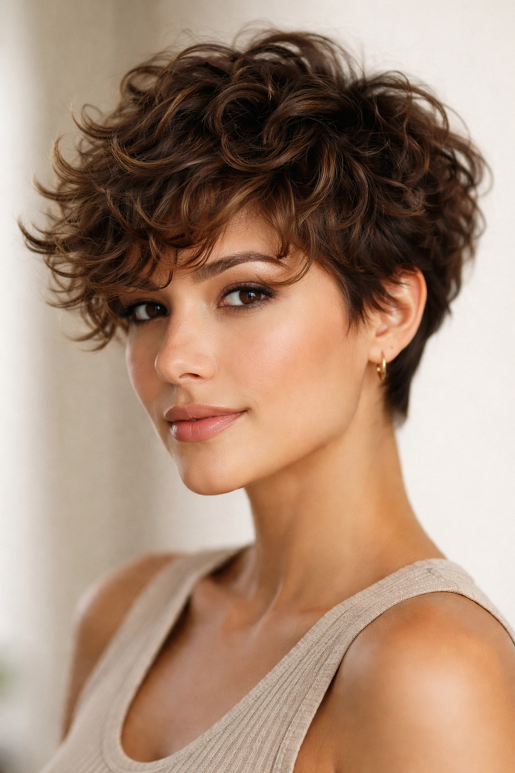 The Layered Crop showing angled layers and lift in a short curly cut.