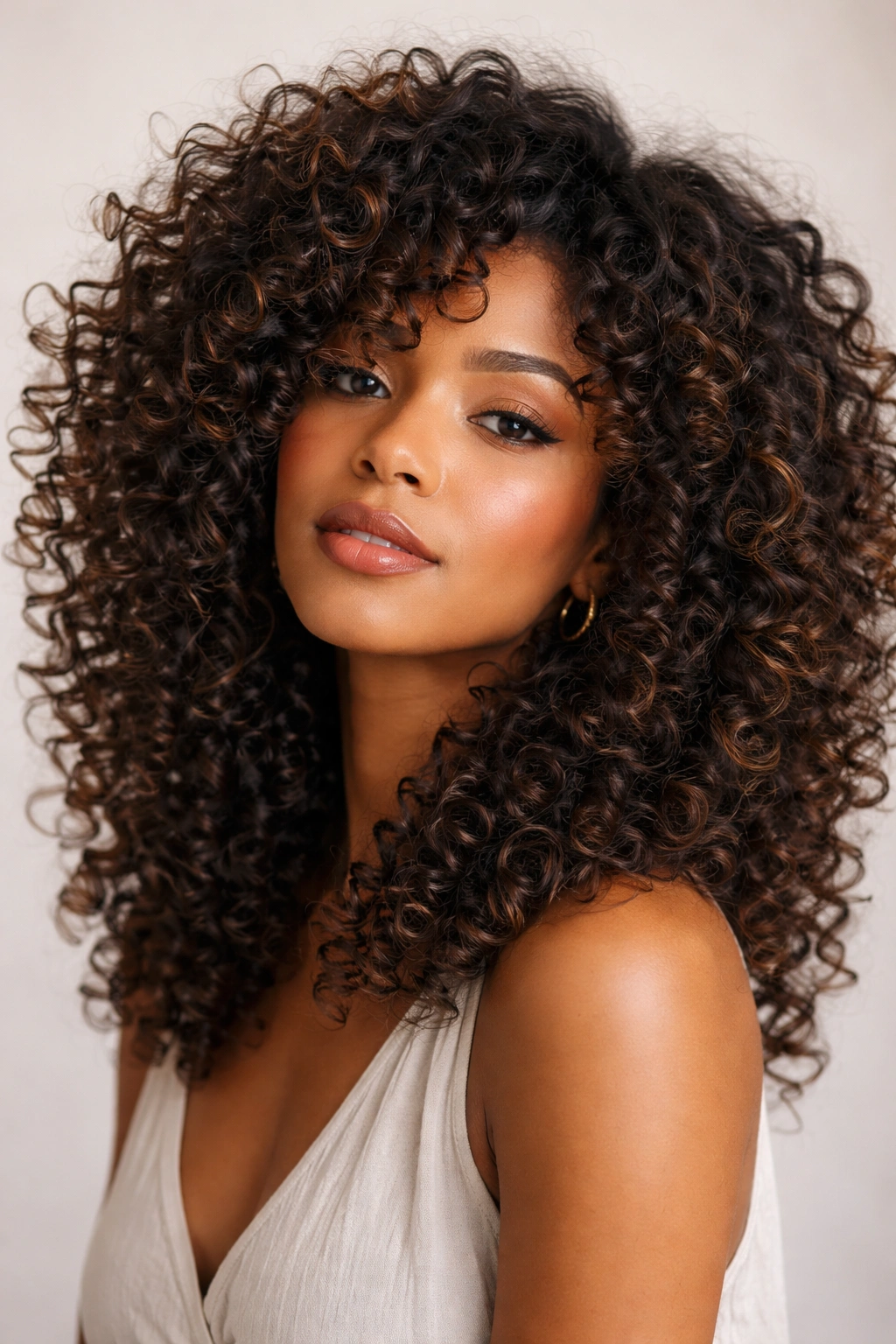 Close-up portrait of voluminous layered Type 3 curls with defined spirals