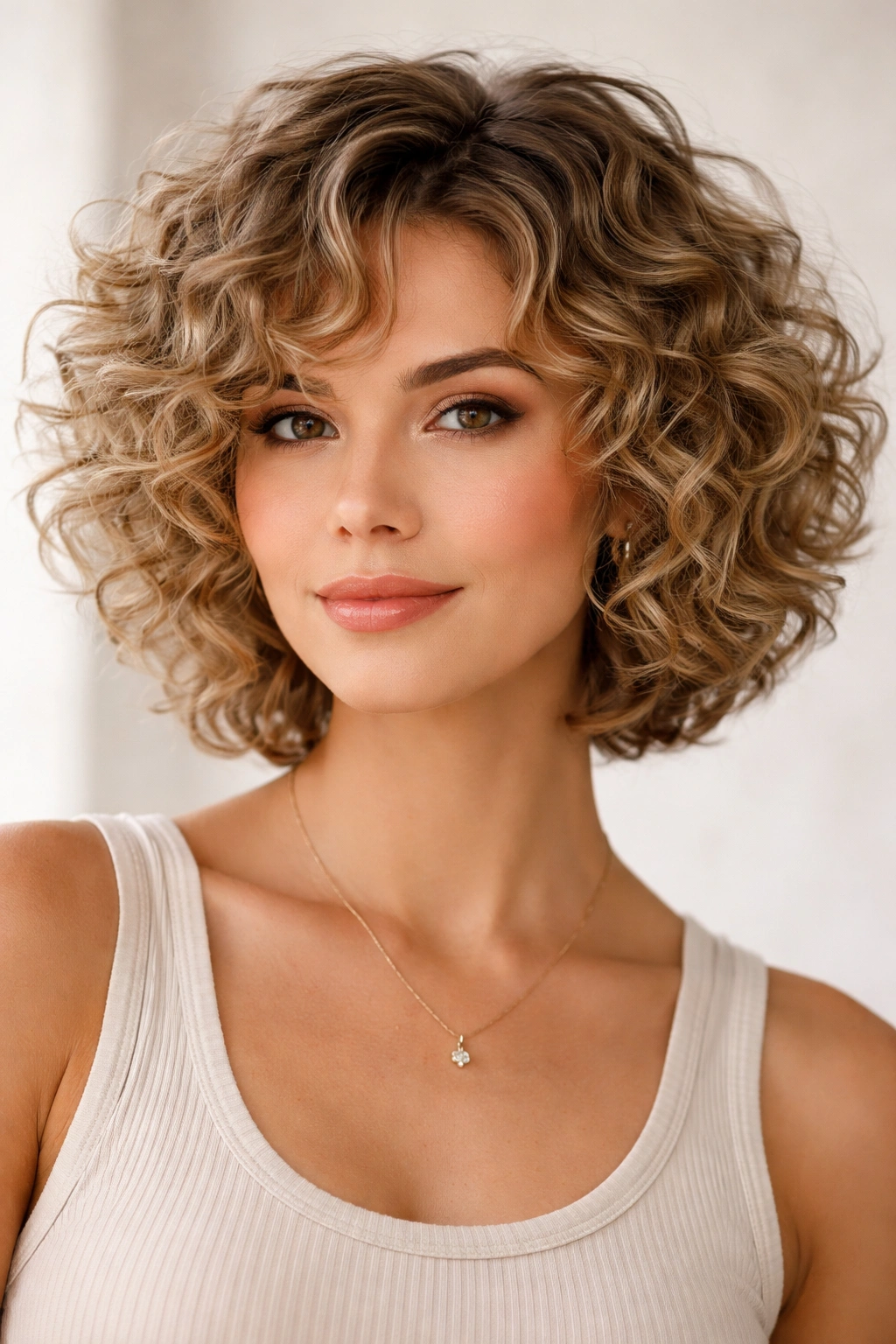 Model with layered textured bob for fine curls showing lift and movement