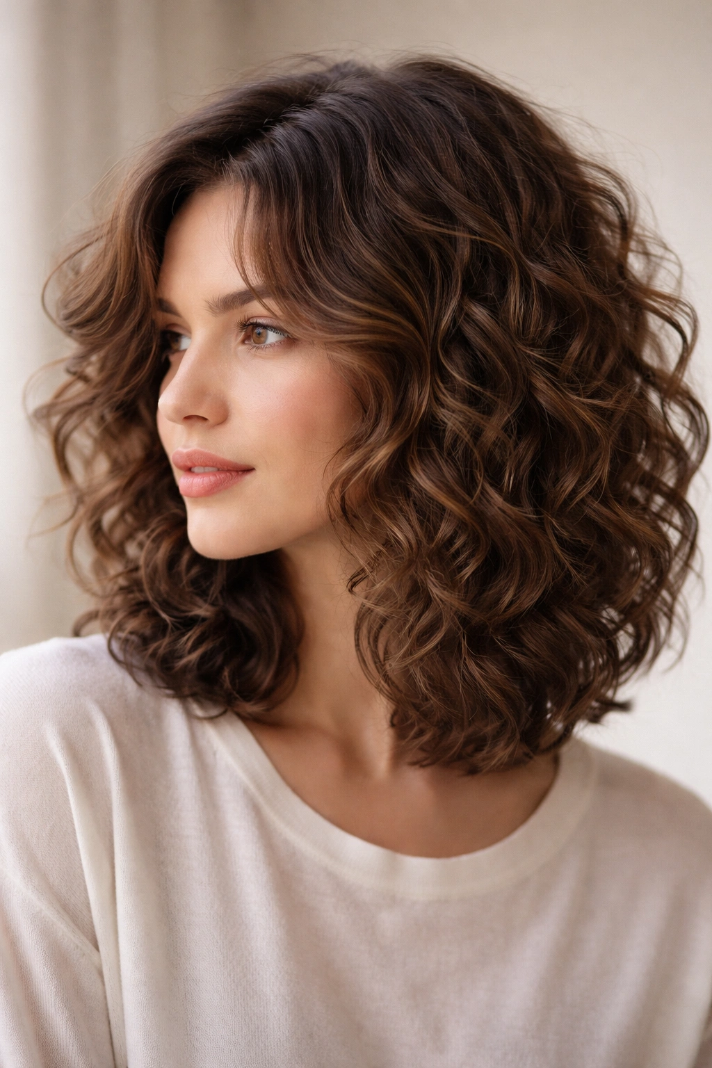 Layered curly lob showing face-framing layers and movement