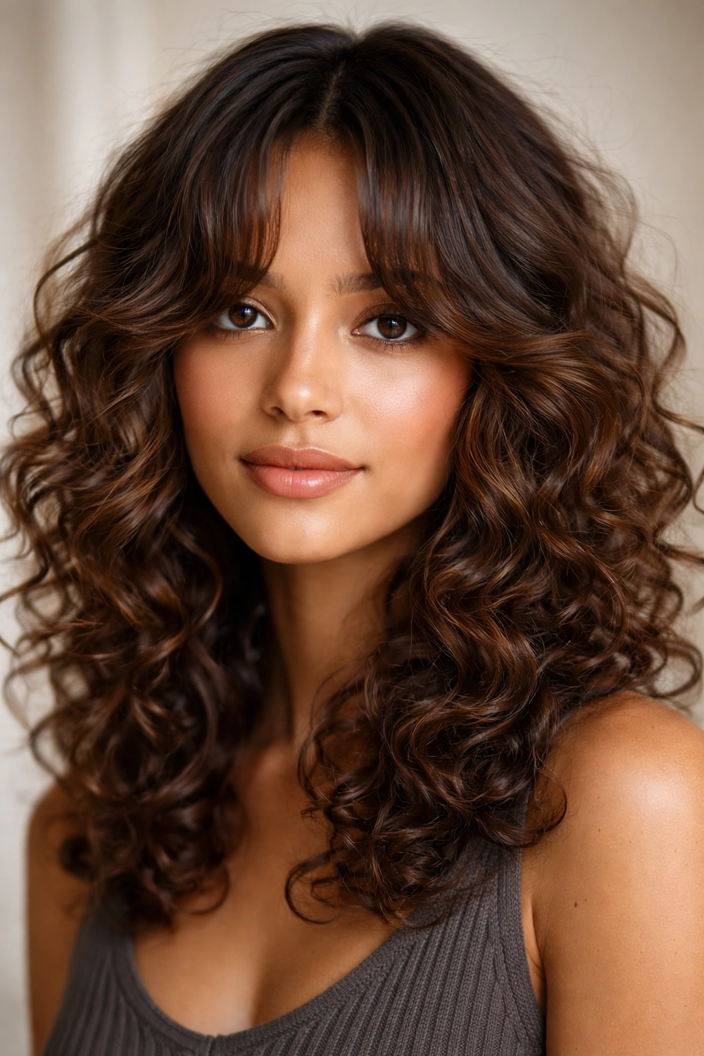 Layered curtain bangs framing the face with springy medium curls