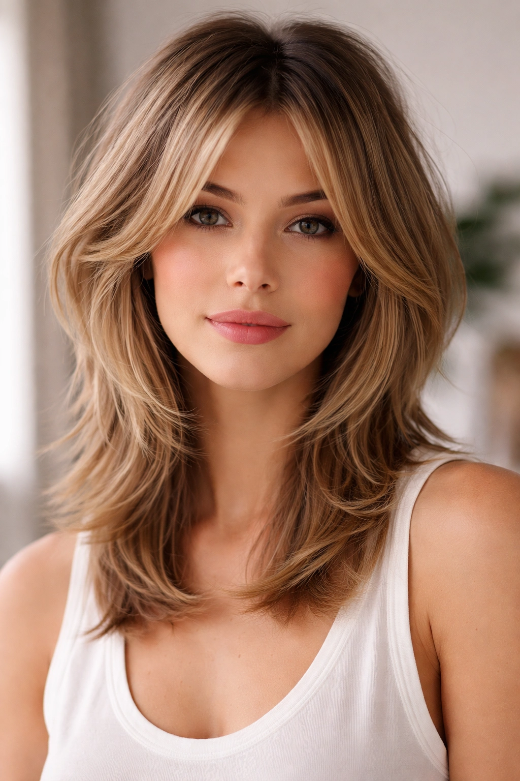 Model with layered curtain cut featuring face-framing pieces