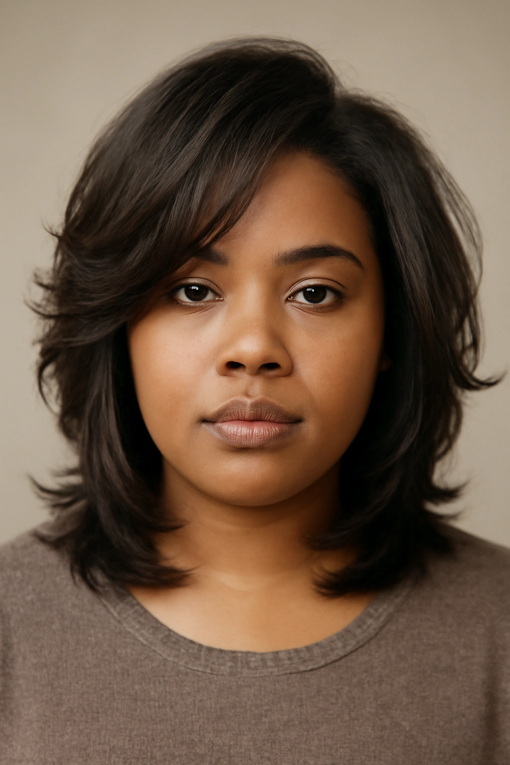 Close-up of layered cuts with movement and texture framing the face