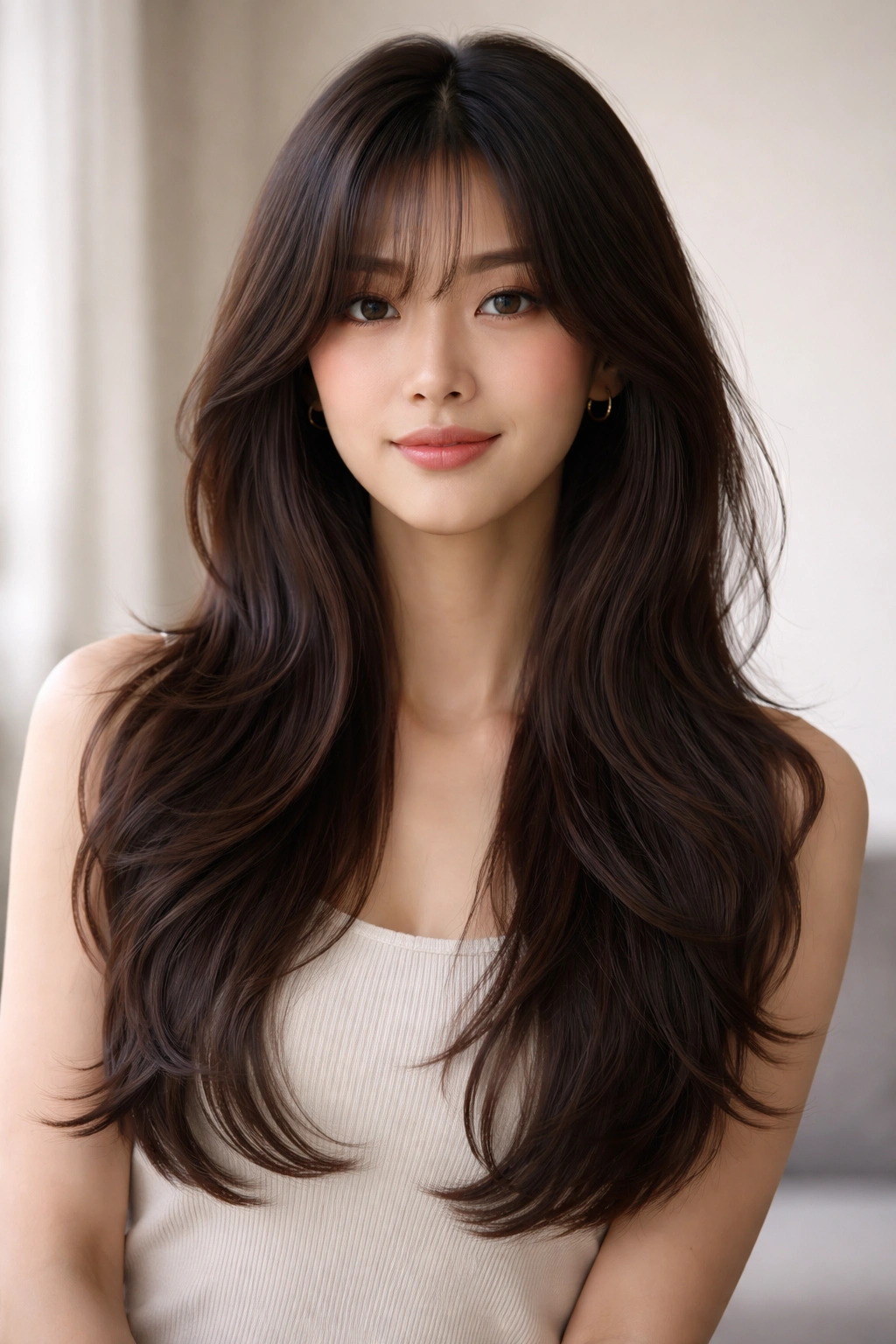 Layered long hair with curtain bangs framing the face