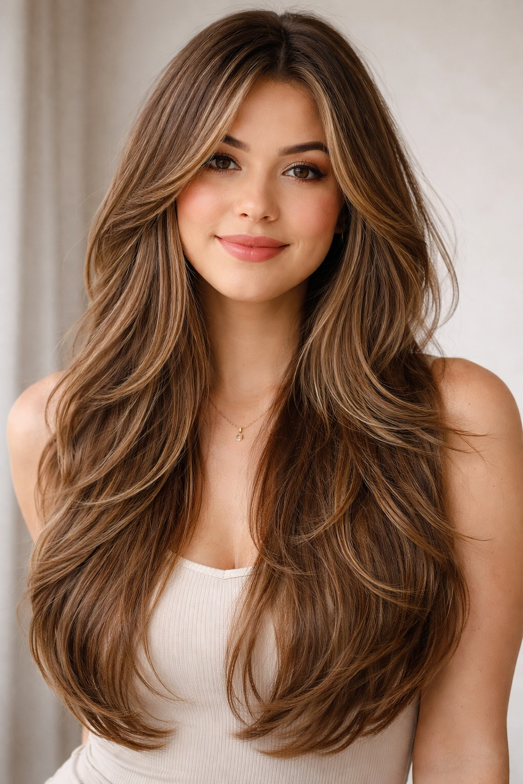 Long layered hairstyle with cascading pieces starting at cheekbone length