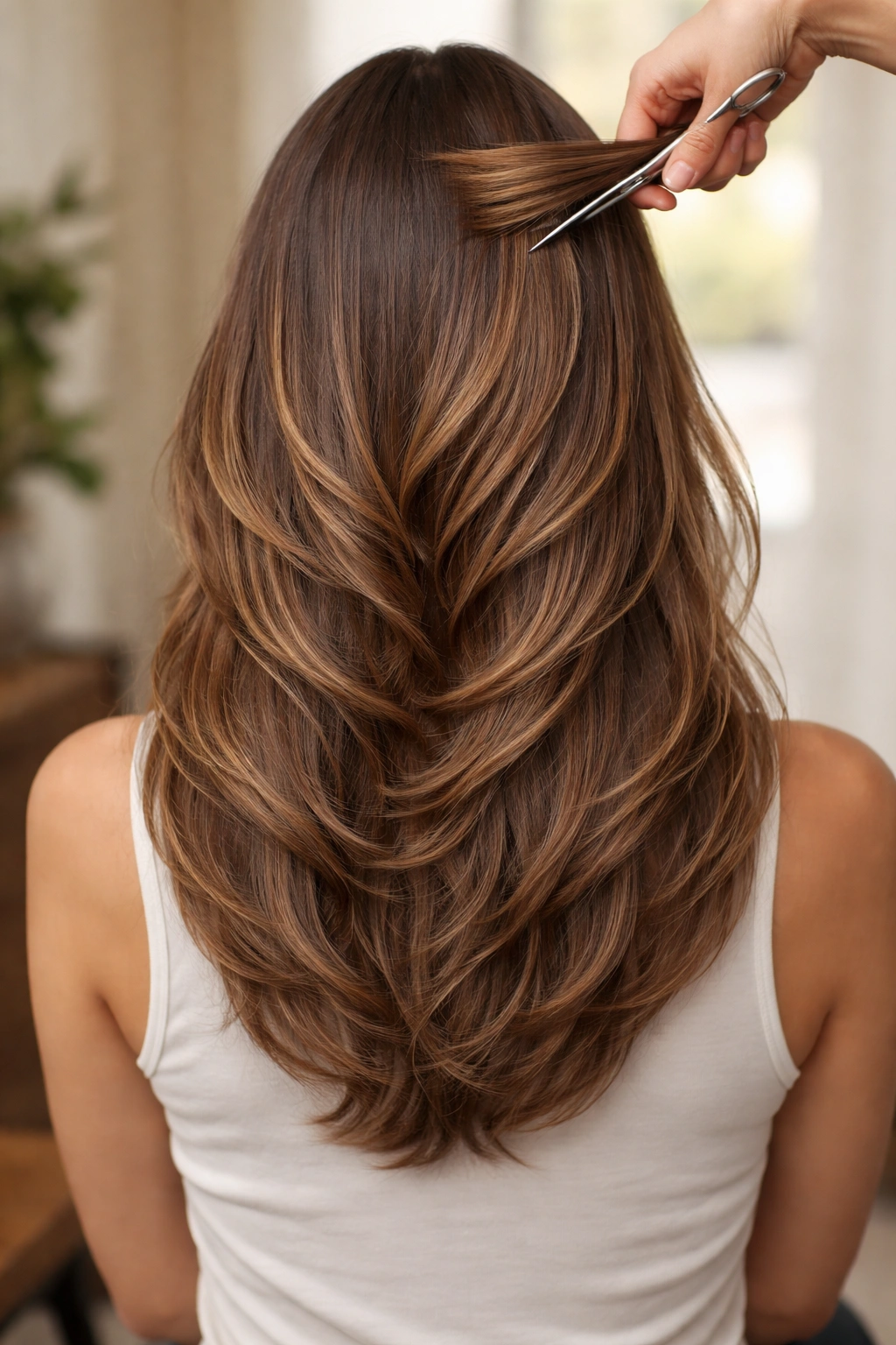 Back view of layered hair showing progression of lengths toward crown