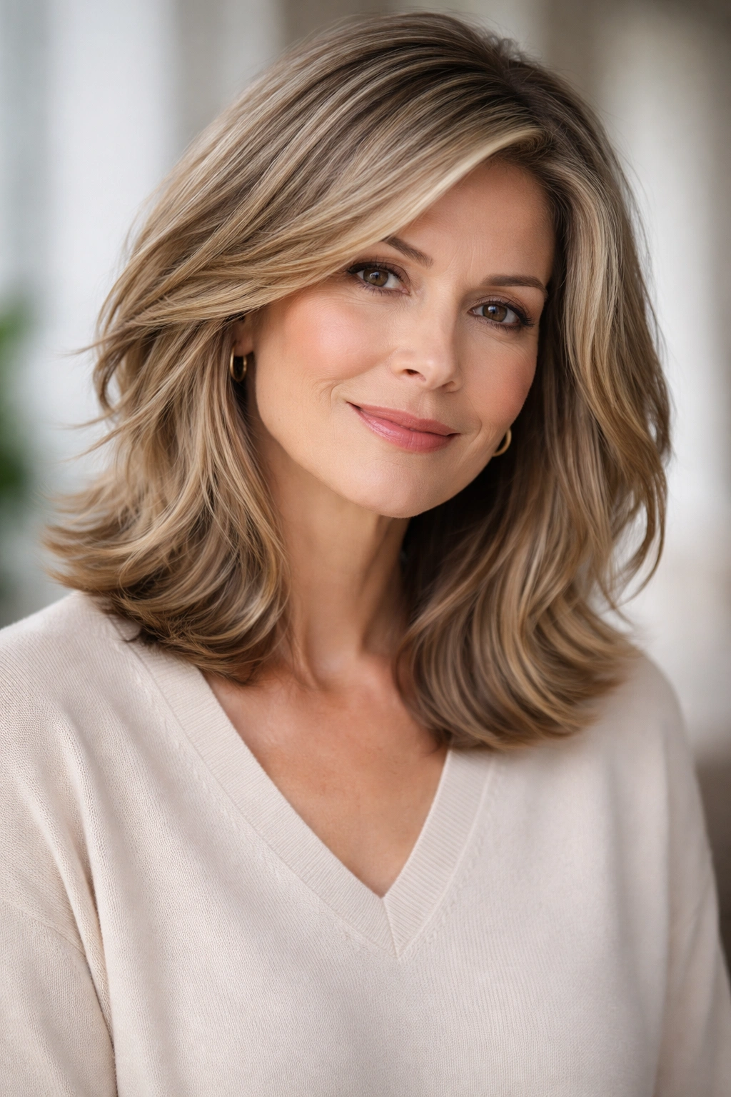 Layered long bob on a mature woman, showing blended layers and movement