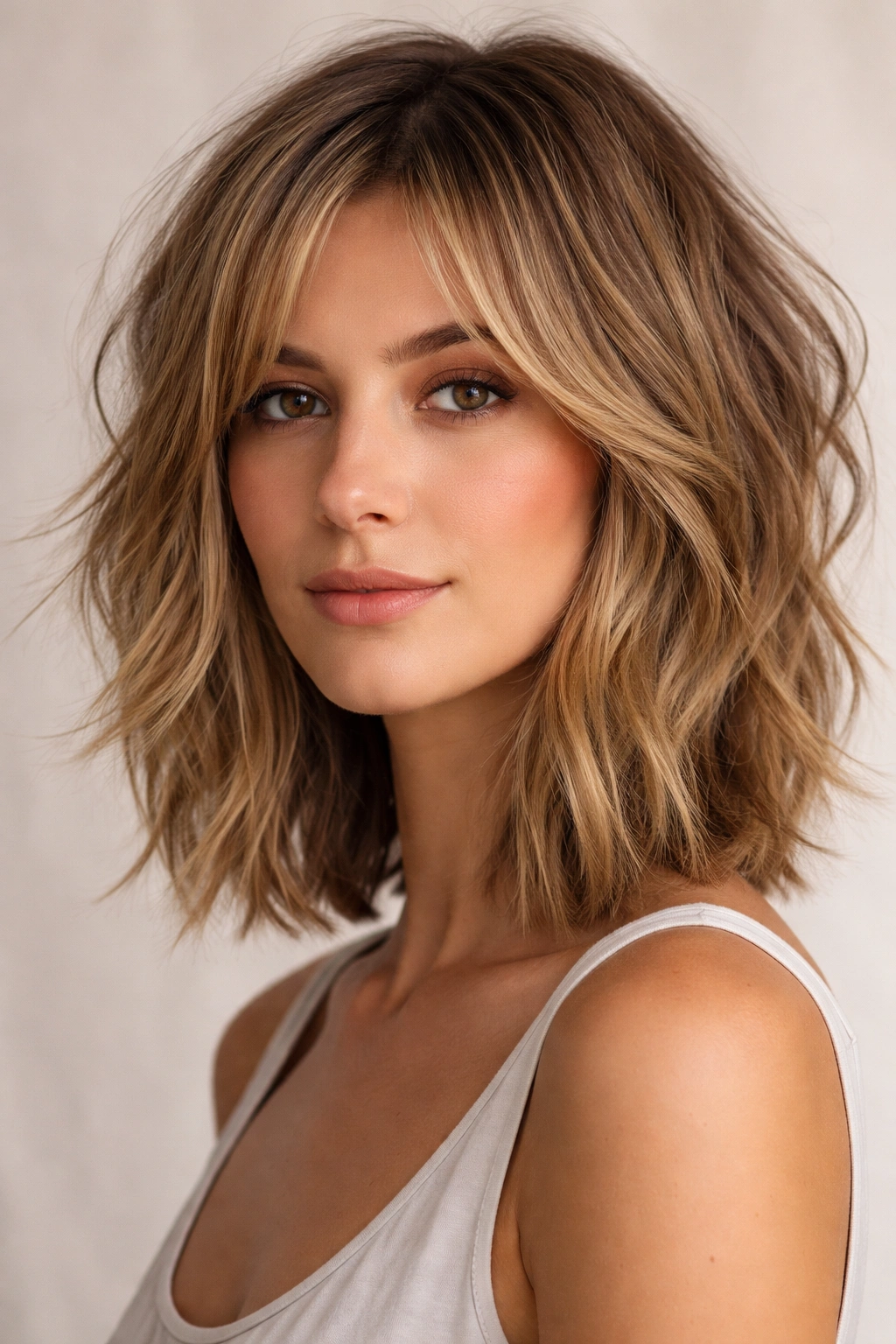Close-up of layered lob with choppy texture and voluminous sides